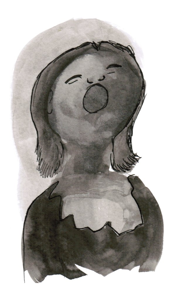 Black ink wash and line drawing of woman singing